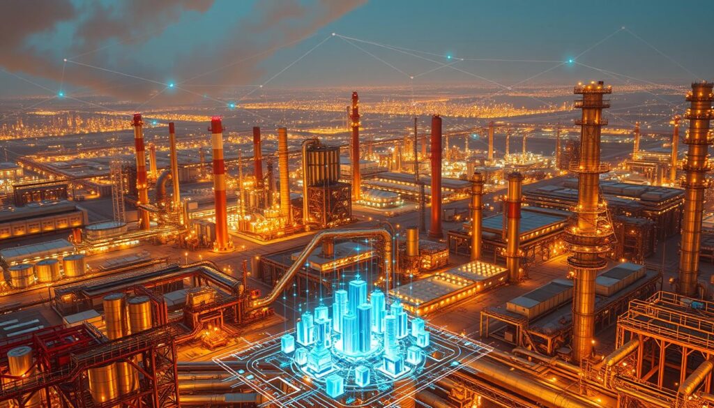 A vast industrial landscape, dominated by towering factories and gleaming metallic structures, bathed in a warm, golden glow. In the foreground, a cluster of holographic representations - the digital twins of the industrial processes, pulsing with real-time data and analytics, guiding the optimization of the physical world. The background is a kaleidoscope of shifting digital interfaces, visualizing the interconnected web of the Industrial Metaverse, where the virtual and physical realms converge seamlessly. The scene conveys a sense of technological prowess, efficiency, and the transformative power of the fusion between the digital and the industrial. A vast industrial landscape, dominated by towering factories and gleaming metallic structures, bathed in a warm, golden glow. In the foreground, a cluster of holographic representations - the digital twins of the industrial processes, pulsing with real-time data and analytics, guiding the optimization of the physical world. The background is a kaleidoscope of shifting digital interfaces, visualizing the interconnected web of the Industrial Metaverse, where the virtual and physical realms converge seamlessly. The scene conveys a sense of technological prowess, efficiency, and the transformative power of the fusion between the digital and the industrial.