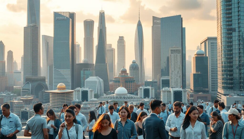 A vibrant and dynamic cityscape with towering skyscrapers and a bustling urban landscape. In the foreground, a diverse group of professionals are engaged in various activities, showcasing the essential skills for thriving in the age of AI - critical thinking, data analysis, problem-solving, and adaptability. The middle ground features a mix of traditional and futuristic architecture, representing the blending of old and new as the world embraces technological advancements. The background is illuminated by a warm, golden glow, conveying a sense of optimism and progress. The scene is captured with a wide-angle lens, emphasizing the scale and interconnectedness of the evolving workforce and the built environment. Overall, the image exudes a forward-looking, innovative atmosphere, perfectly capturing the essence of "Habilidades para a era da IA".