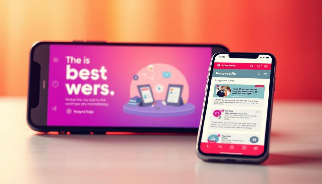 A vibrant and engaging mobile experience featuring a progressive web app. The foreground depicts a smartphone displaying a dynamic and intuitive user interface, with bold typography and clean, modern design elements. In the middle ground, a stylized illustration showcases the seamless integration of web and mobile technologies, representing the "best of both worlds" concept. The background features a soft, gradient-based atmosphere, evoking a sense of innovation and technological advancement. Warm lighting casts a subtle glow, highlighting the smooth curves and sleek aesthetic of the mobile device. The overall composition conveys a sense of user-centric design, responsive functionality, and the power of progressive web apps to deliver a captivating mobile experience.