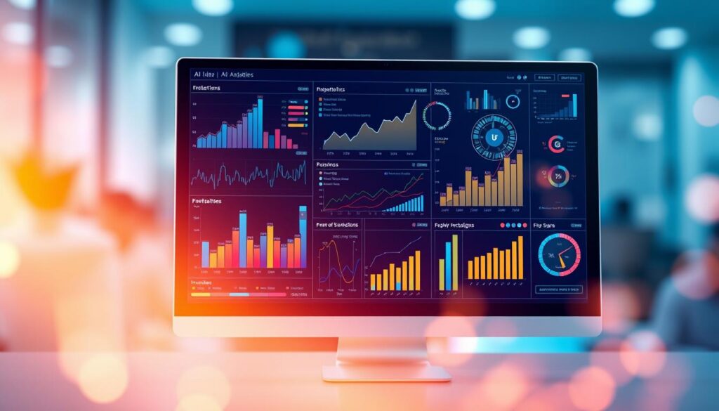 A vibrant and insightful data visualization showcasing the key benefits of using AI for market analysis. A sleek, modern interface displays intuitive graphs, charts, and infographics, revealing patterns, trends, and insights that empower strategic business decisions. Subtle light emanates from the display, casting a warm glow over the scene. The background blurs softly, keeping the focus on the engaging visual interface. Rendered in a clean, minimalist style with a touch of futuristic flair, this image captures the power of AI-driven market intelligence.