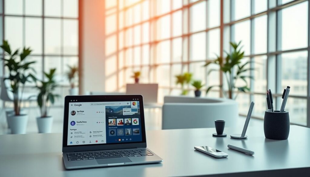 A vibrant and modern workspace with a central focus on the Google Gemini productivity suite. The foreground showcases the Gemini app interface, featuring seamless integration of task management, note-taking, and collaboration tools. The middle ground displays a sleek, minimalist desk setup, complete with a state-of-the-art laptop, a futuristic pen tablet, and a stylized desk organizer. The background features floor-to-ceiling windows, allowing natural light to flood the space and create a sense of openness and creativity. The overall atmosphere is one of efficiency, innovation, and inspiration, perfectly capturing the essence of "Google Gemini: organization and creativity in one place".