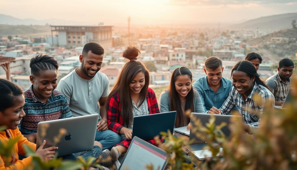 A vibrant digital entrepreneurial ecosystem thrives in a remote community. In the foreground, a group of diverse individuals collaborate on laptops and tablets, their faces alight with determination. The middle ground showcases a bustling co-working space, filled with the energy of innovation and shared knowledge. In the background, a panoramic view of the community unfolds, with modern infrastructure blending seamlessly with the natural landscape. Warm, diffused lighting casts a hopeful glow, highlighting the transformative power of digital empowerment within this underserved region. The scene conveys a sense of progress, opportunity, and the potential for digital technologies to drive sustainable development.