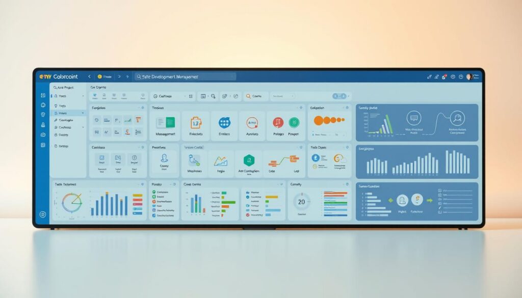 A well-organized software development management platform set against a serene, minimalist background. In the foreground, a clean dashboard displays integrated project management tools, task boards, and team collaboration interfaces. The middle ground features various icons and visualizations representing agile workflows, version control, and continuous integration processes. The background is bathed in a soft, warm lighting that conveys a sense of efficiency and productivity. The overall composition suggests a comprehensive, user-friendly system designed to streamline the entire software development lifecycle.