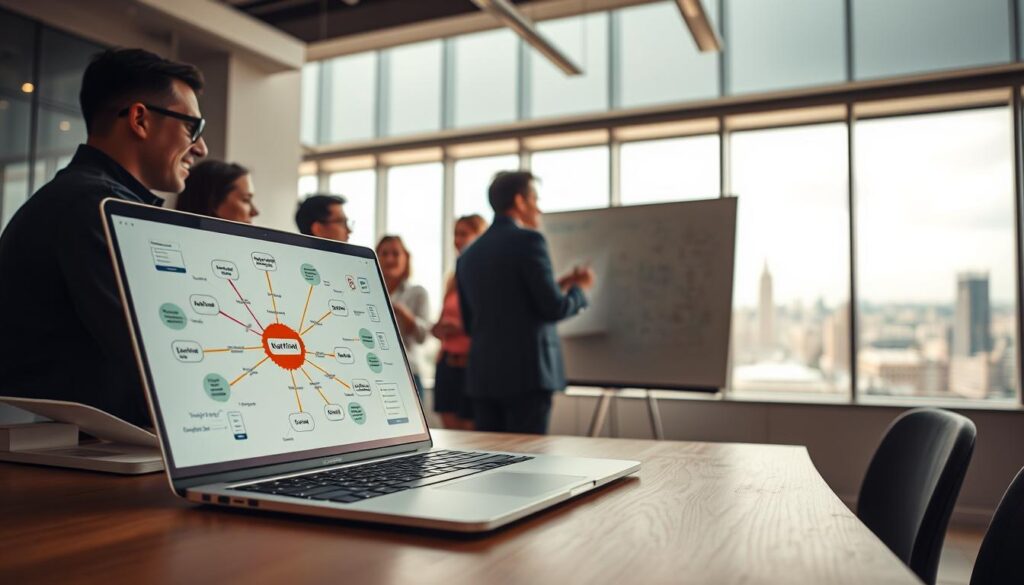 A workspace filled with technology and creativity, where an AI-powered brainstorming session is in full swing. In the foreground, a sleek laptop displays a visual mind map, ideas flowing effortlessly across the screen. Behind it, a team of professionals engages in lively discussion, their faces alight with inspiration. The middle ground features a futuristic whiteboard, its surface covered in scribbled notes and sketches, a testament to the boundless imagination at play. In the background, a panoramic window offers a view of a bustling city, hinting at the real-world applications of this innovative process. Warm, diffused lighting sets a mood of focused productivity, while the carefully composed angles and perspectives draw the viewer into the collaborative, AI-enhanced creative experience.