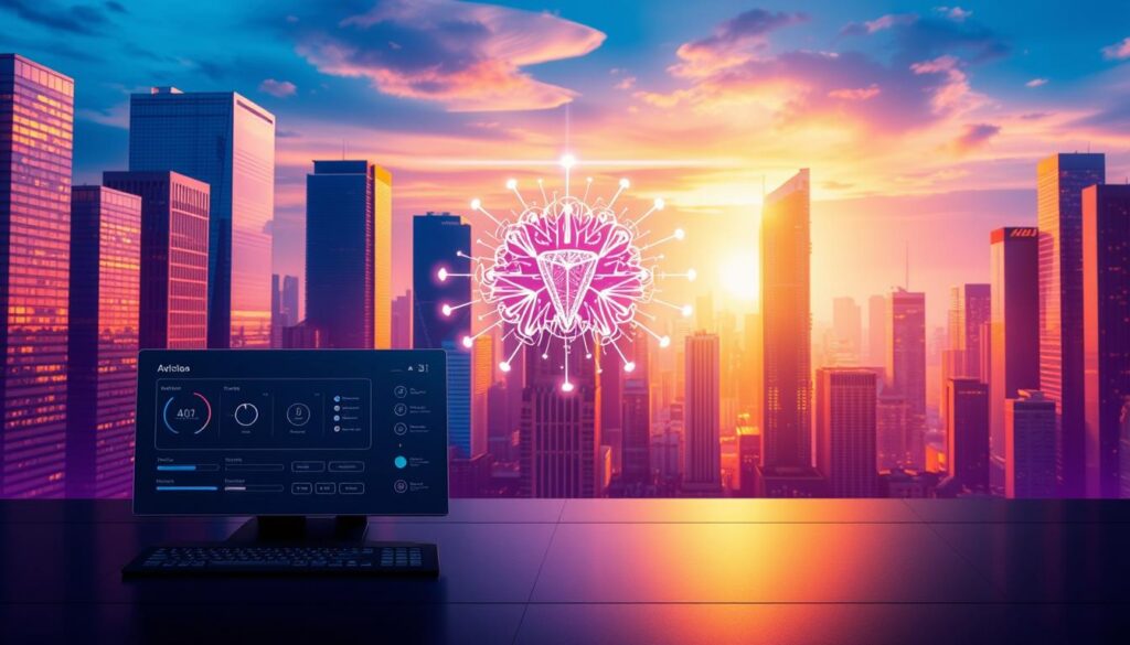 An elegant, futuristic illustration of "AI Image Generation API". In the foreground, a sleek, minimalist interface showcases a series of image generation controls and options. The middle ground features a stylized AI model, its neural network patterns illuminating the scene with a warm, ethereal glow. The background depicts a cityscape of towering skyscrapers, their reflective surfaces mirroring the dynamic interplay of technology and creativity. Vibrant hues of blue, purple, and gold create a sense of innovation and forward-thinking. Dramatic lighting casts dramatic shadows, emphasizing the depth and precision of the API's capabilities. The overall composition conveys the power, sophistication, and seamless integration of AI-driven image generation.