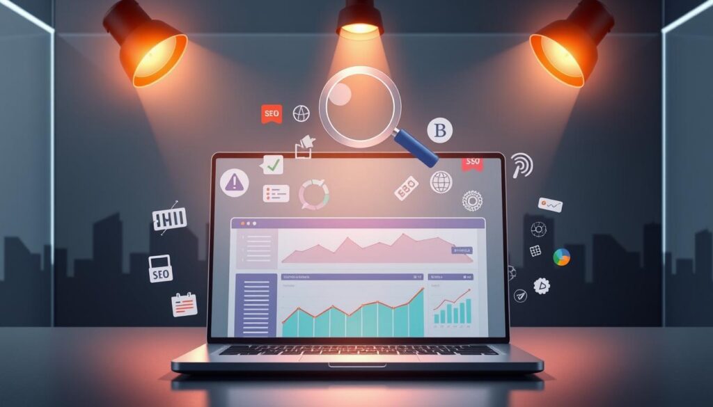 An intricate illustration of "SEO e Otimização de Sites" against a sleek, modern backdrop. In the foreground, a laptop displays a web analytics dashboard, its screen casting a soft glow. Surrounding it, various digital elements symbolize search engine optimization - colorful graphs, keyword tags, and SEO icons. In the middle ground, a stylized magnifying glass hovers, suggesting the importance of visibility and discoverability. The background features a cityscape silhouette, hinting at the global reach and scale of online marketing. Warm lighting from strategically placed spotlights creates an atmosphere of expertise and professionalism, perfectly suited for the "Desenvolvimento web: Soluções Profissionais para sua Empresa" article.