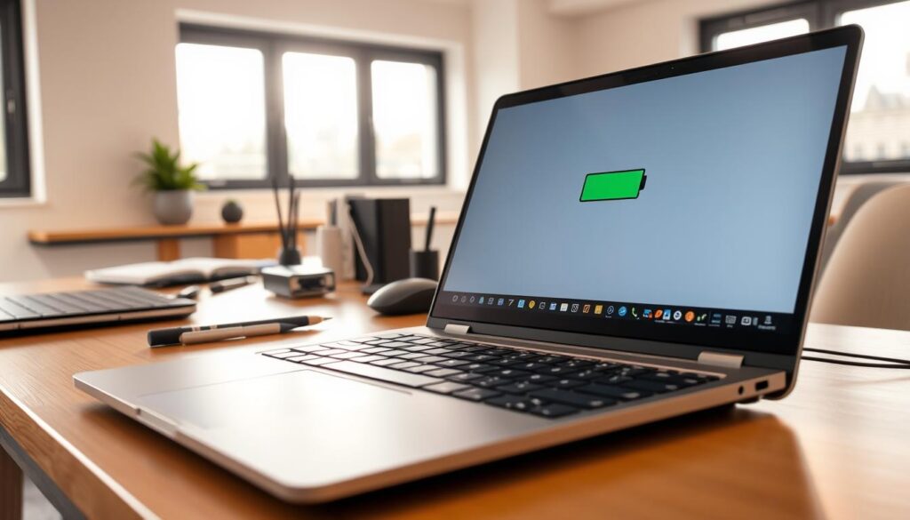 An office desk with a sleek, modern laptop in the foreground, its screen showcasing a battery life indicator. The laptop's thin profile and elegant design highlight its portability. In the middle ground, various productivity tools and accessories, such as a wireless mouse, a stylus, and a compact power adapter, are neatly arranged, emphasizing the notebook's versatility. The background features a minimalist, well-lit workspace with large windows, allowing natural light to flood the scene and create a warm, productive atmosphere.