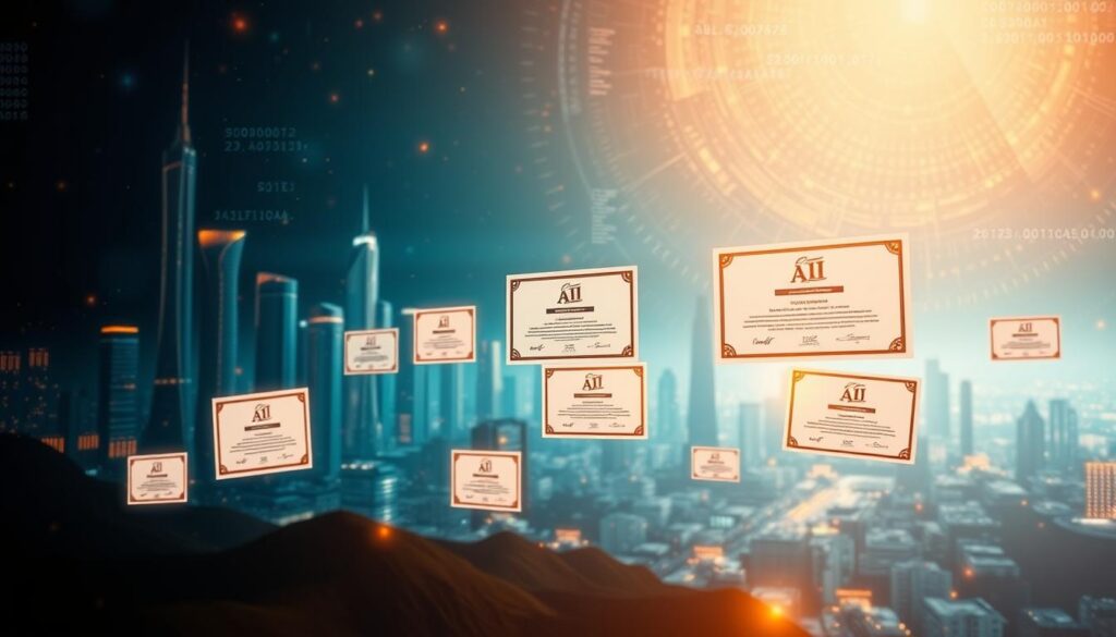 Certificações em Inteligência Artificial: A vibrant digital landscape featuring a collection of certifications and credentials floating in a serene, technologically-advanced setting. The foreground showcases various AI-themed certificates in a minimalist, stylized design, cast in a warm, golden glow. In the middle ground, a futuristic cityscape with towering skyscrapers and glowing holograms creates a sense of technological innovation. The background is a deep, ethereal space filled with swirling data patterns and subtle, ambient lighting, evoking the vast potential of artificial intelligence. The overall mood is one of professionalism, progression, and the pursuit of cutting-edge knowledge in the field of AI. Certificações em Inteligência Artificial: A vibrant digital landscape featuring a collection of certifications and credentials floating in a serene, technologically-advanced setting. The foreground showcases various AI-themed certificates in a minimalist, stylized design, cast in a warm, golden glow. In the middle ground, a futuristic cityscape with towering skyscrapers and glowing holograms creates a sense of technological innovation. The background is a deep, ethereal space filled with swirling data patterns and subtle, ambient lighting, evoking the vast potential of artificial intelligence. The overall mood is one of professionalism, progression, and the pursuit of cutting-edge knowledge in the field of AI.