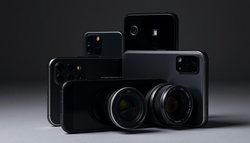 Comparative display of flagship and mid-range smartphones with high-quality cameras. Sleek, minimalist product layout showcasing the latest mobile photography tech. Crisp, detailed close-ups of camera lenses, sensors, and hardware components. Moody, dramatic lighting accentuates the premium design and advanced imaging capabilities. Subtle color grading and depth-of-field blur create a professional, editorial-style composition. Neutral background allows the phones to be the visual focus, inviting the viewer to compare and contrast the photographic performance across different market segments. Comparative display of flagship and mid-range smartphones with high-quality cameras. Sleek, minimalist product layout showcasing the latest mobile photography tech. Crisp, detailed close-ups of camera lenses, sensors, and hardware components. Moody, dramatic lighting accentuates the premium design and advanced imaging capabilities. Subtle color grading and depth-of-field blur create a professional, editorial-style composition. Neutral background allows the phones to be the visual focus, inviting the viewer to compare and contrast the photographic performance across different market segments.