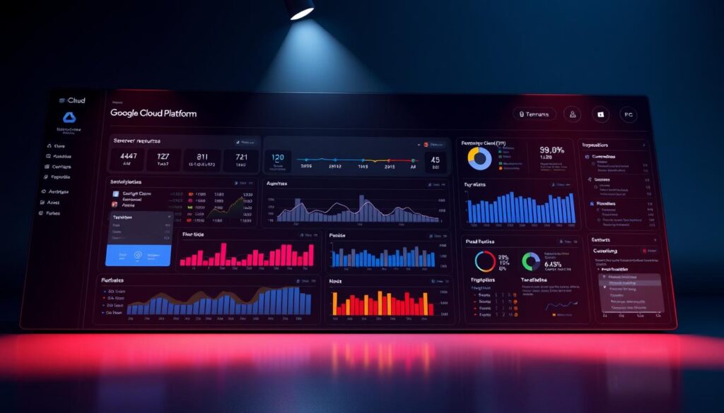 Detailed 3D rendering of a modern Google Cloud Platform console interface. Sleek dark-themed dashboard with vibrant data visualizations, server resource graphs, and cloud service configuration panels. Crisp typography and clean UI elements create a professional, technology-driven atmosphere. Soft spotlight illumination from above casts a warm glow across the scene. High-resolution textures and lighting produce a photorealistic, almost tangible quality to the image. The interface conveys a sense of power, control, and seamless cloud infrastructure management.
