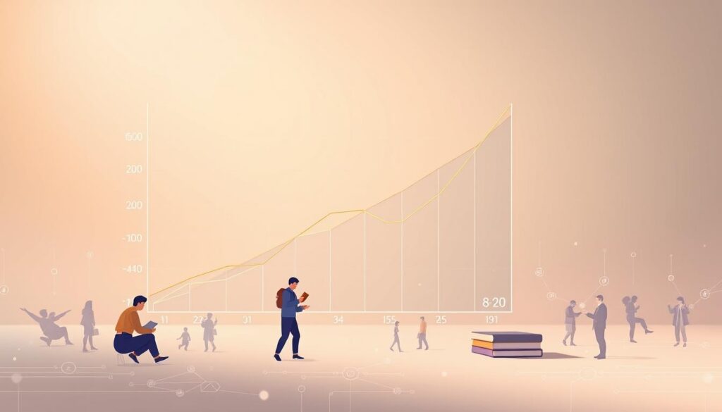 Detailed illustration of the Pareto principle applied to efficient learning, depicting a stylized graph demonstrating the 80-20 rule. Set against a minimalist, clean background with soft lighting and a warm color palette. The foreground features a data visualization with elegant lines, shapes, and numerical representations, conveying the concept of prioritizing the vital few over the trivial many. The middle ground showcases simplified human figures engaged in various learning activities, emphasizing the practical application of the Pareto principle. The background subtly suggests the broader context of AI-powered learning, with ethereal, technological elements woven throughout the composition.