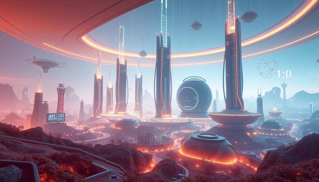 Futuristic digital landscape in the metaverse, with towering holographic buildings, floating data streams, and immersive virtual environments. A panoramic view showcasing the seamless integration of technology and the digital realm. Warm lighting from overhead beams casts a subtle glow, creating a sense of depth and ethereal atmosphere. Sleek, minimalist design elements blend with organic shapes, hinting at the harmony between the physical and virtual worlds. In the foreground, abstract representations of web 3.0 technologies, such as blockchain, AI, and decentralized applications, take center stage, symbolizing the transformative potential of this emerging digital frontier. Futuristic digital landscape in the metaverse, with towering holographic buildings, floating data streams, and immersive virtual environments. A panoramic view showcasing the seamless integration of technology and the digital realm. Warm lighting from overhead beams casts a subtle glow, creating a sense of depth and ethereal atmosphere. Sleek, minimalist design elements blend with organic shapes, hinting at the harmony between the physical and virtual worlds. In the foreground, abstract representations of web 3.0 technologies, such as blockchain, AI, and decentralized applications, take center stage, symbolizing the transformative potential of this emerging digital frontier.