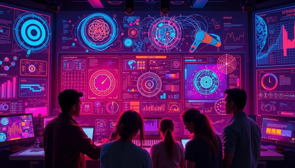 Geradores de Imagem IA: A vibrant and dynamic image showcasing the power of AI-powered image generation. Set against a futuristic, neon-lit backdrop, a central control panel displays various tools and interfaces for manipulating and creating digital artwork. Swirling data streams, holographic projections, and intricate algorithms fill the frame, reflecting the complexity and versatility of these cutting-edge technologies. In the foreground, a team of creative professionals collaborates, their faces illuminated by the glow of the displays, immersed in the process of crafting visually stunning and imaginative content. The image conveys a sense of innovation, innovation, and the limitless potential of AI-driven image generation, perfectly capturing the essence of the "Apps de IA para Criação e Edição de Imagens" section.