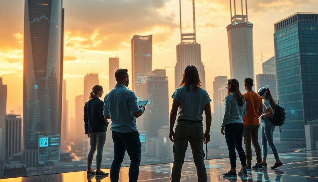 Profissões futuro IA e habilidades digitais emergentes A futuristic cityscape, bathed in a warm, golden glow. Towering skyscrapers, their facades adorned with sleek, holographic displays. In the foreground, a group of diverse individuals - engineers, data scientists, and AI specialists - stand in a collaborative workspace, immersed in holographic interfaces and projections. The scene conveys a sense of innovation, dynamism, and the seamless integration of cutting-edge technology into the workplace of tomorrow. Intricate details, such as gesture-controlled interfaces and robotic assistants, highlight the advanced digital skills and emerging professions in the realm of generative AI. The overall atmosphere evokes a future where human ingenuity and technological prowess converge to shape the landscape of work and innovation.