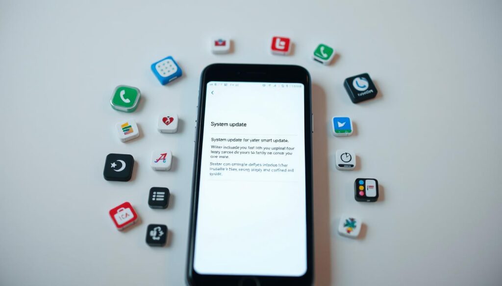 Smartphone screen with a system update notification displayed prominently, surrounded by various app icons and settings menus. The screen is brightly lit, casting a warm glow over the device. The background is a clean, minimalist white, drawing focus to the update process. The overall composition conveys a sense of seamless integration and smooth user experience during the system upgrade. Technical details such as a high-resolution display, modern design elements, and intuitive interface layout enhance the visual appeal and convey the idea of a well-optimized smartphone experience. Smartphone screen with a system update notification displayed prominently, surrounded by various app icons and settings menus. The screen is brightly lit, casting a warm glow over the device. The background is a clean, minimalist white, drawing focus to the update process. The overall composition conveys a sense of seamless integration and smooth user experience during the system upgrade. Technical details such as a high-resolution display, modern design elements, and intuitive interface layout enhance the visual appeal and convey the idea of a well-optimized smartphone experience.