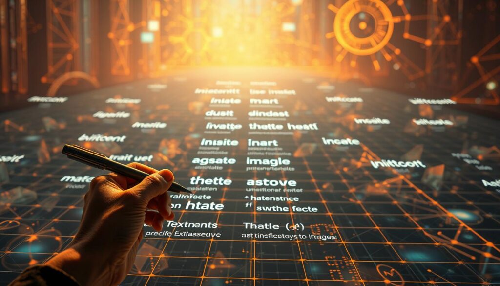 Técnicas de Prompt Engineering A meticulously crafted scene of the essential techniques of prompt engineering. In the foreground, a hand holds a digital pen, carefully manipulating text on a futuristic, holographic interface. The middle ground features a grid of floating text prompts, each one radiating an aura of creative energy. In the background, a vast, ethereal landscape of cascading data streams and abstract geometric patterns, suggesting the limitless possibilities of text-to-image generation. Warm, saturated lighting illuminates the scene, creating a sense of depth and technological sophistication. The overall mood is one of exploration, innovation, and the power of precise language to unlock the imagination.